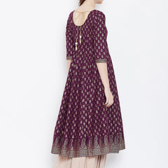 Poshak Hub Women Purple Cotton Golden Printed Anarkali Kurta.