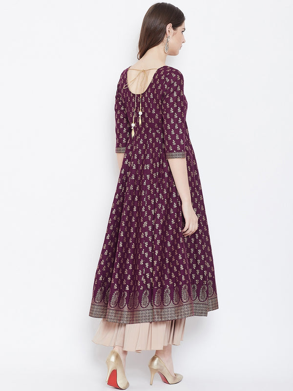 Poshak Hub Women Purple Cotton Golden Printed Anarkali Kurta.