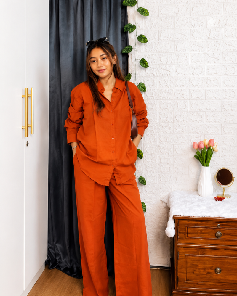 Premium Cotton Co-Ord Set for Women | Relaxed Fit Shirt & Wide Leg Pants