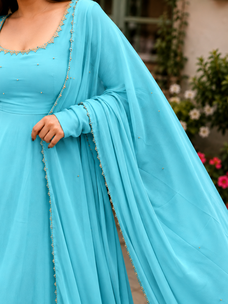 Turquoise Georgette Anarkali Suit Set with Dupatta