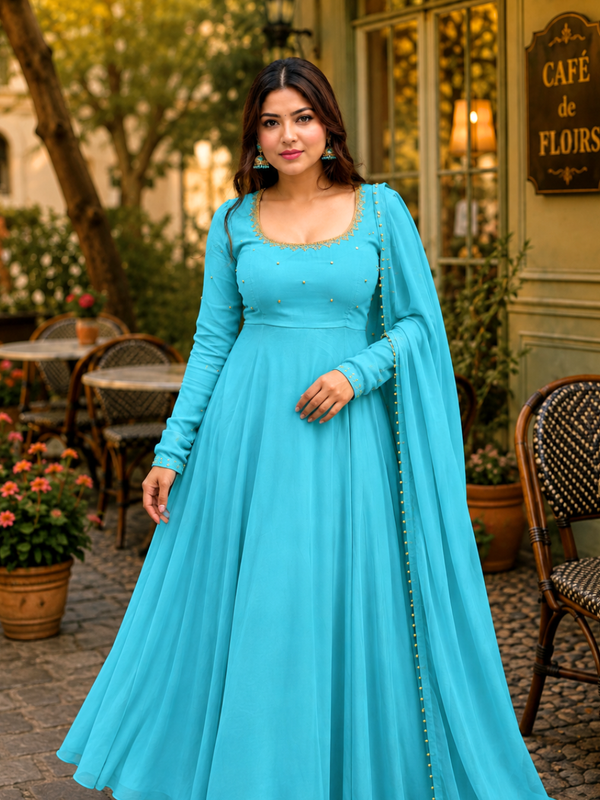Turquoise Georgette Anarkali Suit Set with Dupatta