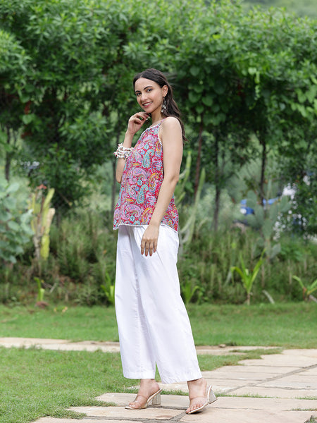 Women Pink Paisley Printed Sleeveless Shoulder Strap Tunic