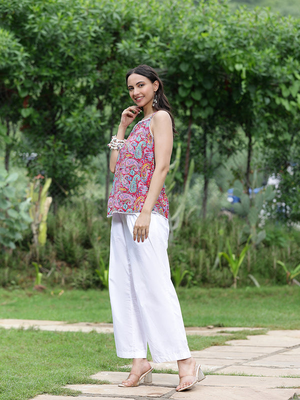Women Pink Paisley Printed Sleeveless Shoulder Strap Tunic