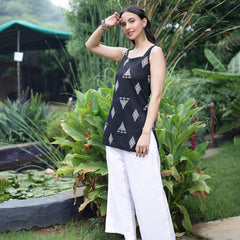 Women Black Geometric Printed Sleeveless Cotton Ethnic Top