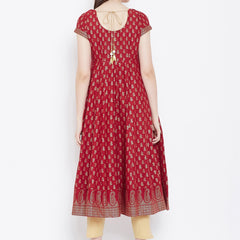 Poshak Hub Women Red Cotton Golden Printed Anarkali Kurta.