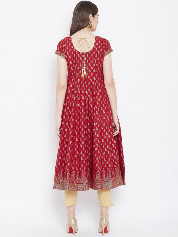Poshak Hub Women Red Cotton Golden Printed Anarkali Kurta.