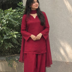 Maroon Straight Kurta Palazzo Set with Sheer Dupatta
