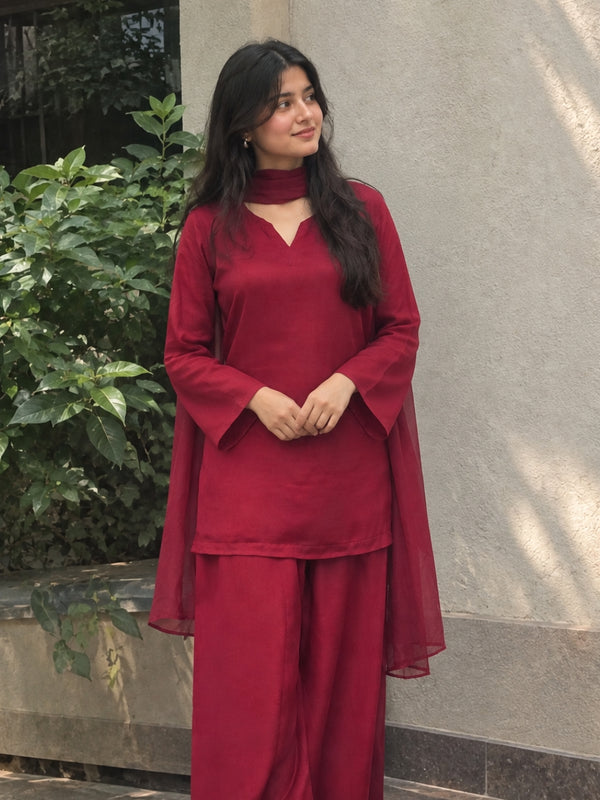 Maroon Straight Kurta Palazzo Set with Sheer Dupatta