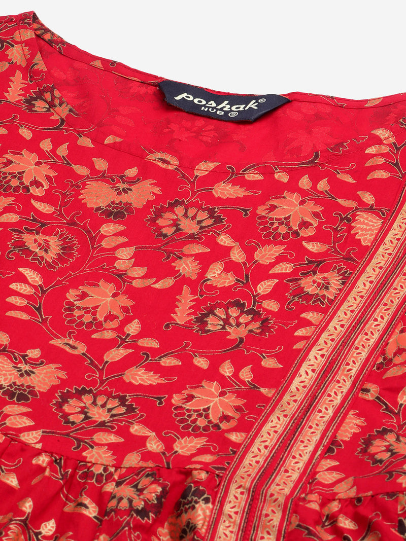 Poshak Hub Women Red Cotton Printed Anarkali Kurta.