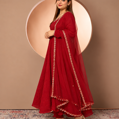 Red Anarkali Suit with Embroidered Neckline & Sheer Embellished Dupatta