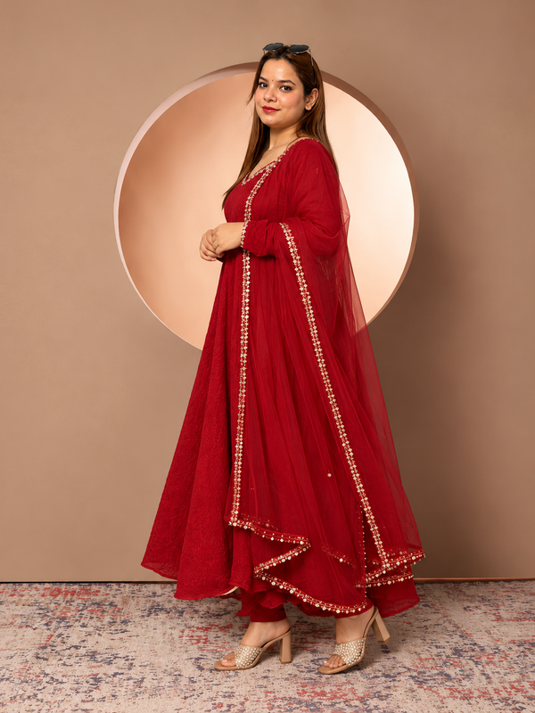 Red Anarkali Suit with Embroidered Neckline & Sheer Embellished Dupatta