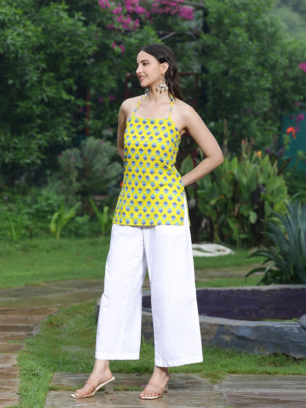 Women Yellow Ethnic Printed Halter Neck Tunic