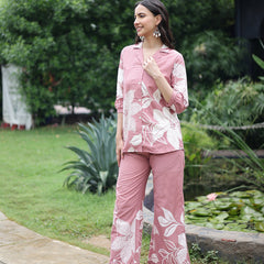 Women Pink Floral Printed Cotton Shirt & Wide Leg Trouser Co-Ord Set