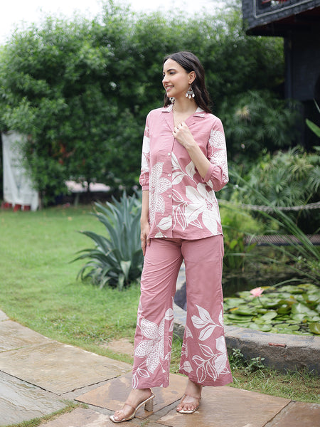 Women Pink Floral Printed Cotton Shirt & Wide Leg Trouser Co-Ord Set