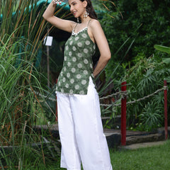 Women Olive Green Printed Sleeveless Shoulder Strap Tunic