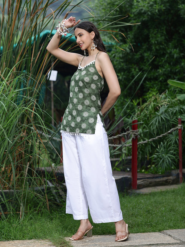 Women Olive Green Printed Sleeveless Shoulder Strap Tunic