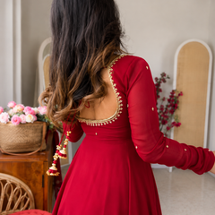 Ruby Red Embellished Anarkali Suit Set for Women