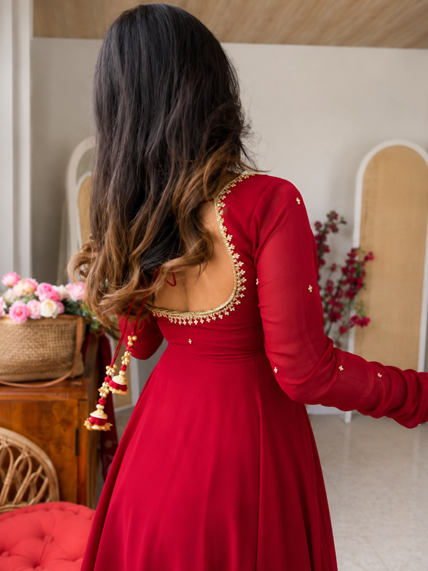 Ruby Red Embellished Anarkali Suit Set for Women