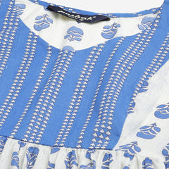 Poshak Hub Women White-Blue Cotton Printed Front Slit A-Line Kurta with Palazzo
