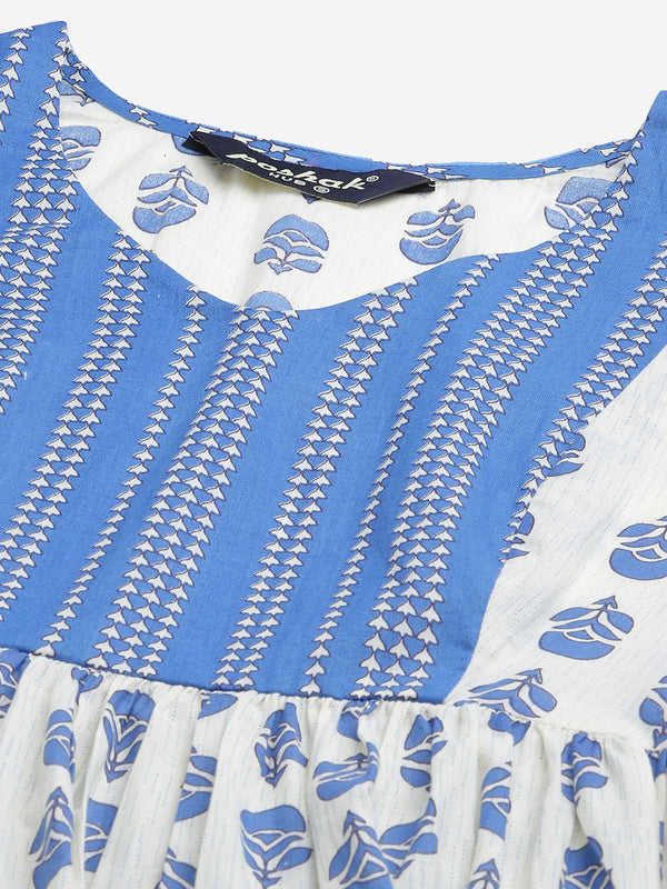 Poshak Hub Women White-Blue Cotton Printed Front Slit A-Line Kurta with Palazzo