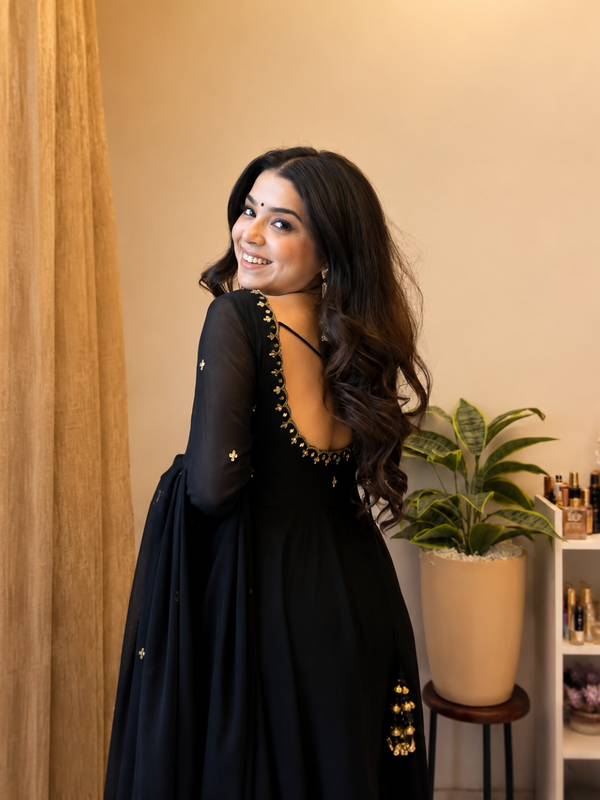 Midnight Black Embellished Anarkali Suit Set for Women