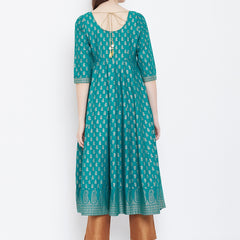 Poshak Hub Women Turquoise Cotton Golden Printed Anarkali Kurta.