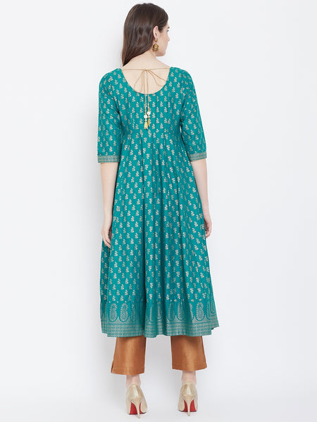 Poshak Hub Women Turquoise Cotton Golden Printed Anarkali Kurta.