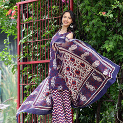 Women Navy Blue & Maroon Ethnic Motifs Printed Straight Kurta with Palazzo & Dupatta (Set of 3)