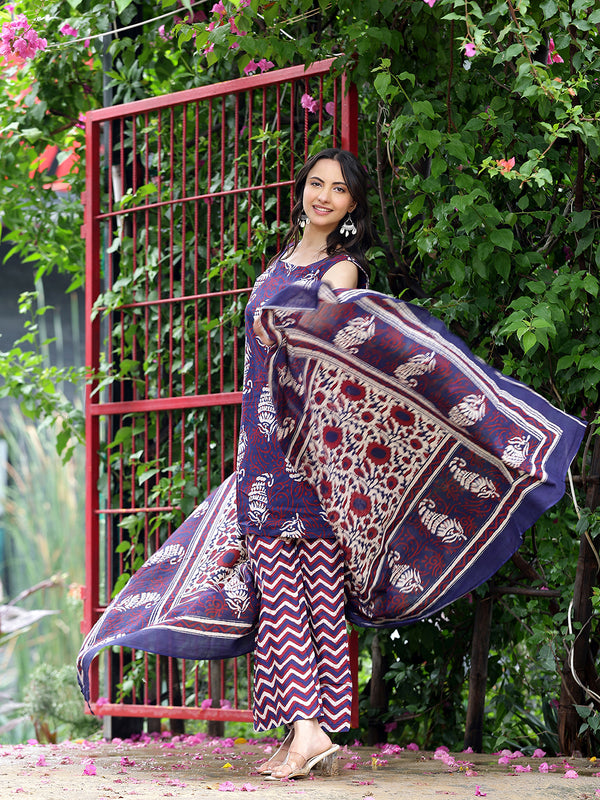 Women Navy Blue & Maroon Ethnic Motifs Printed Straight Kurta with Palazzo & Dupatta (Set of 3)