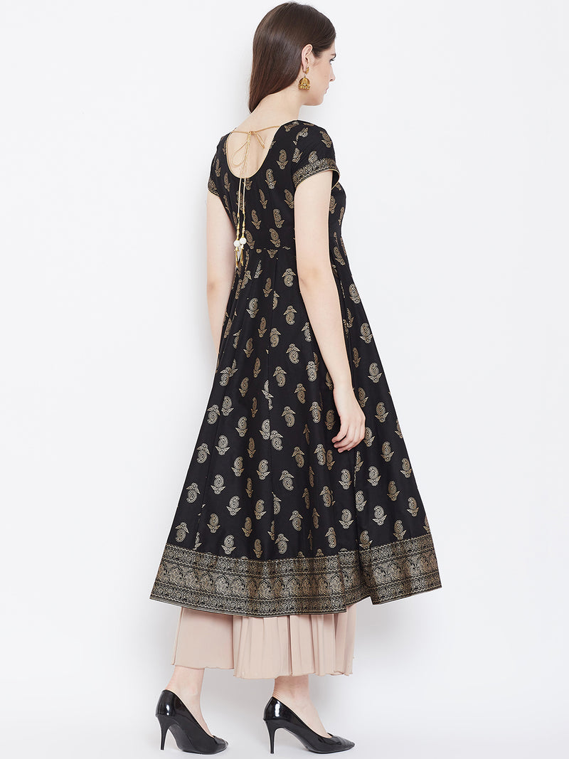 Poshak Hub Women Black Cotton Golden Printed Anarkali Kurta.