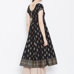 Poshak Hub Women Black Cotton Golden Printed Anarkali Kurta.