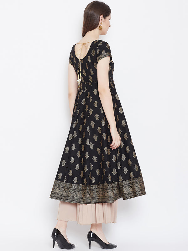 Poshak Hub Women Black Cotton Golden Printed Anarkali Kurta.