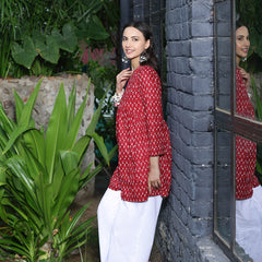Women Red Ethnic Printed V-Neck Flared Tunic