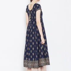 Poshak Hub Women Blue Cotton Golden Printed Anarkali Kurta.