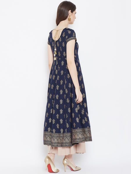 Poshak Hub Women Blue Cotton Golden Printed Anarkali Kurta.