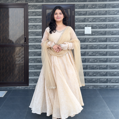 Ivory Embroidered Anarkali Suit Set with Sheer Dupatta