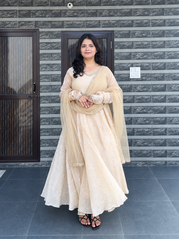 Ivory Embroidered Anarkali Suit Set with Sheer Dupatta