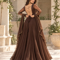 Brown Embellished Anarkali Suit Set with Sheer Sleeves & Matching Dupatta