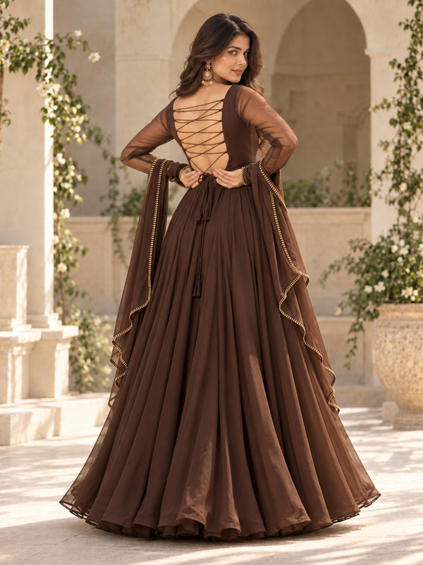 Brown Embellished Anarkali Suit Set with Sheer Sleeves & Matching Dupatta