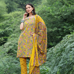 Women Mustard Yellow Floral Printed Straight Kurta with Printed Trousers & Dupatta (Set of 3)