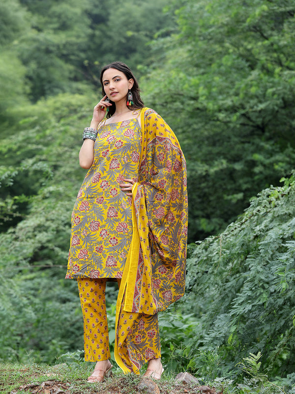 Women Mustard Yellow Floral Printed Straight Kurta with Printed Trousers & Dupatta (Set of 3)