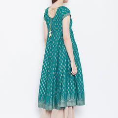 Poshak Hub Women Turquoise Cotton Golden Printed Anarkali Kurta.