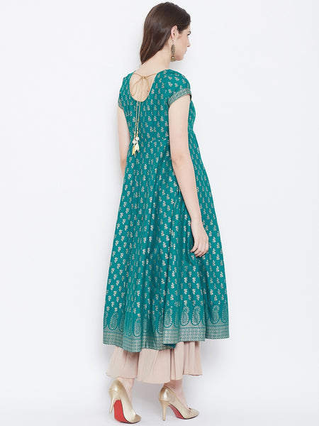 Poshak Hub Women Turquoise Cotton Golden Printed Anarkali Kurta.