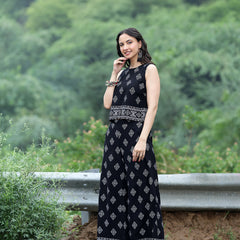 Women Black Rayon Ethnic Printed Sleeveless Top & Wide Leg Trouser Co-Ord Set | Casual Printed Co-Ord