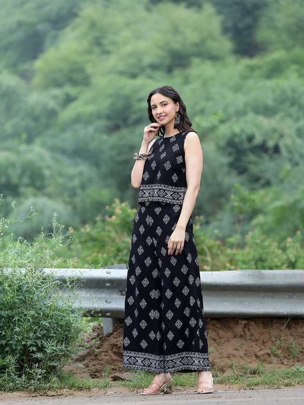 Women Black Rayon Ethnic Printed Sleeveless Top & Wide Leg Trouser Co-Ord Set | Casual Printed Co-Ord