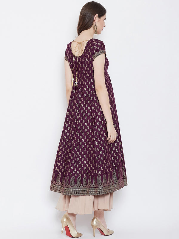 Poshak Hub Women Purple Cotton Golden Printed Anarkali Kurta.