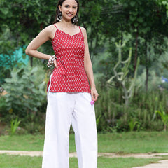 Women Red Ethnic Printed Sleeveless Tunic