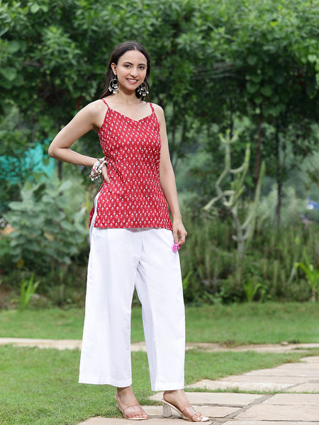 Women Red Ethnic Printed Sleeveless Tunic