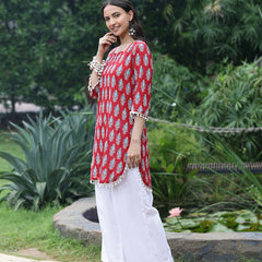 Women Red Ethnic Printed Three-Quarter Sleeve Straight Tunic