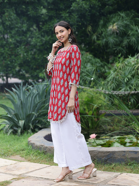 Women Red Ethnic Printed Three-Quarter Sleeve Straight Tunic